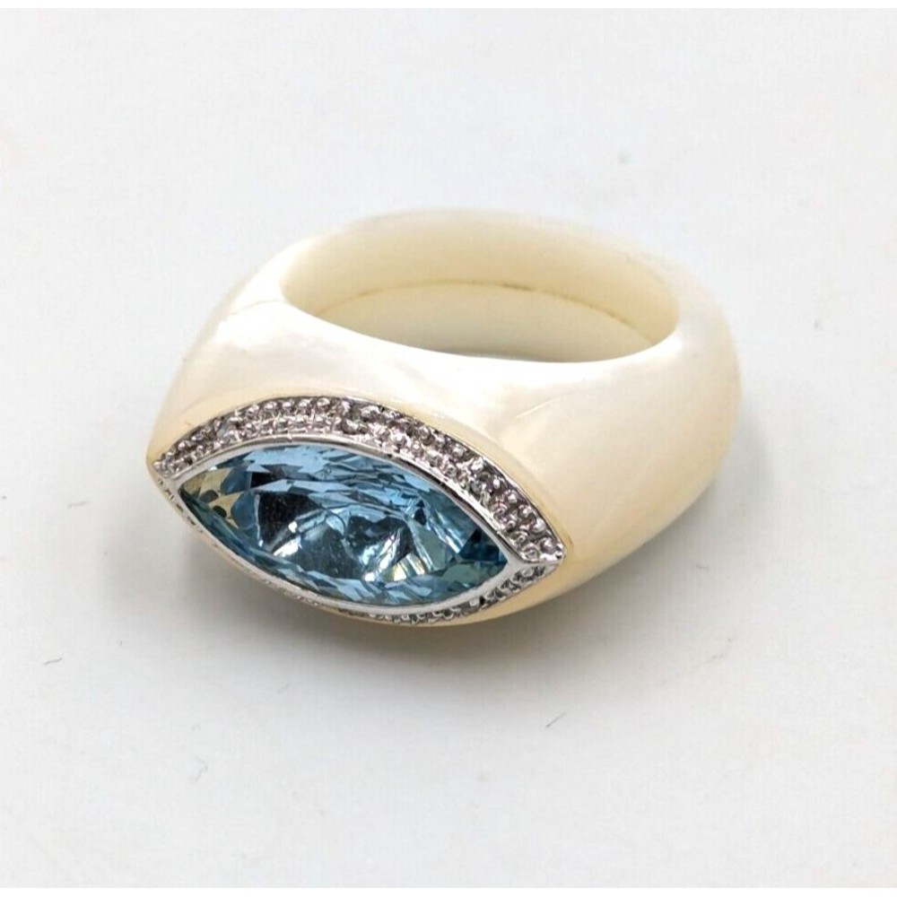 Mother Of Pearl 10K White Gold Accent Aquamarine And White Sapphire Ring Sz 7.5